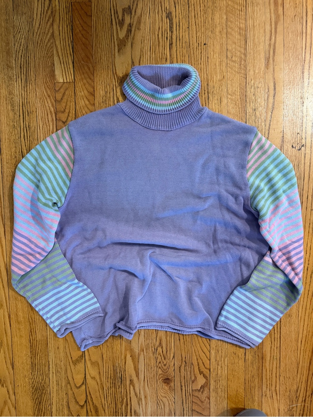 Vintage Pastel Turtleneck Sweater with Striped Sleeves - Cotton Country